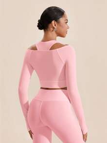 VARSIVA Solid Color Hollow Out Long Sleeve Cropped Ruched Casual Comfortable Sports Tank Top - Pink - View 2