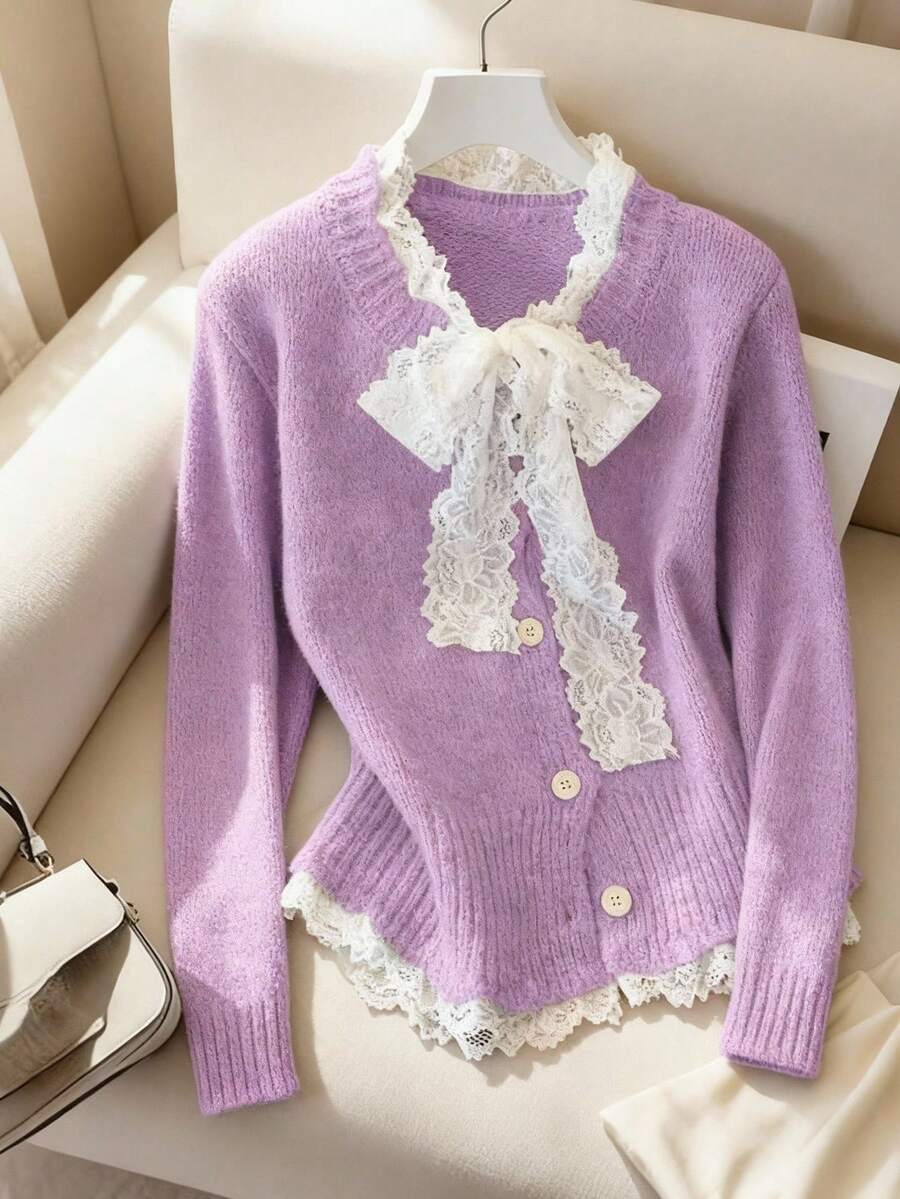 Resyla Fashionable Blogger-Inspired Lace-Up Loose Knit Cardigan, Chic European Style - Lilac Purple - View 1