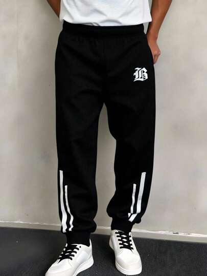 SHEIN Mirajuku 男童休闲条纹抽绳腰运动裤，适合休闲、运动和上学穿着