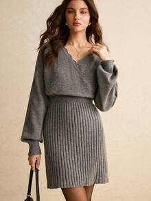 Poéselle Vestido de suéter de manga larga con cuello en V minimalista de unicolor para mujer - Gris - Ver 5