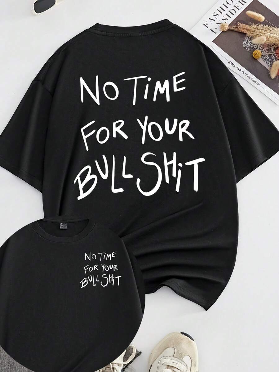 SHEIN LUNE 大码女式宽松圆领短袖T恤，印有“No Time For Your”字母，适合返校季穿着 - 黑色 - 查看 1