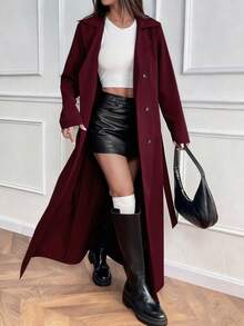 Almamuse 休闲时尚简约宽松长袖双排扣系带长款风衣，纯灰色，春秋冬款 - 酒紅色 - 查看 5