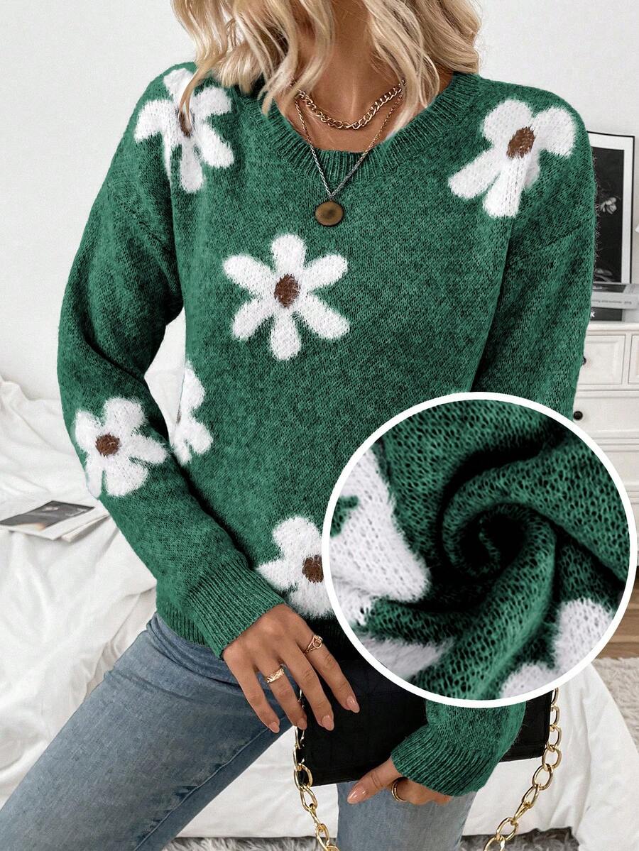 EMERY ROSE Women's Casual Fluffy Flower Pattern Round Neck Drop Shoulder Long Sleeve Knit Pullover Sweater, Autumn/Winter - Green - View 1