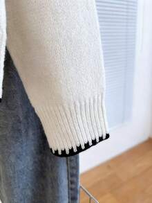 Franclia 休闲宽松圆领长袖针织撞色滚边插肩袖杏色女士套头毛衣，春秋季 - 黑色 - 查看 4