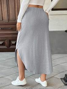 Easura Chân váy chữ A màu trơn cạp chun thường ngày cỡ lớn dành cho nữ, thích hợp mặc hàng ngày, đi nghỉ, đi biển, mùa xuân/hè - Xám - Xem 2