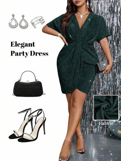 SHEIN PETITE CURVE Vestido de fiesta elegante con cuello en V y drapeado para mujeres de talla pequeña y plus size