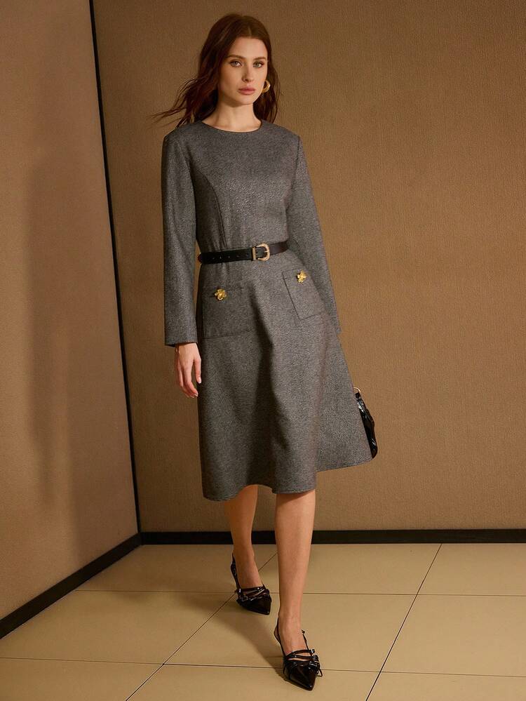 WOOL BUTTON DECOR DRESS