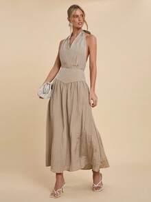 COSMINA Women's Light Khaki Crinkled Textured Fabric Maxi Casual Skirt,Casual For Women - Khaki - View 5