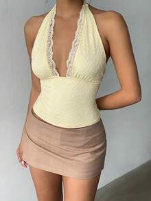 Aloruh 女士纯色露背蕾丝性感吊带背心 - 淡黃色 - 查看 4