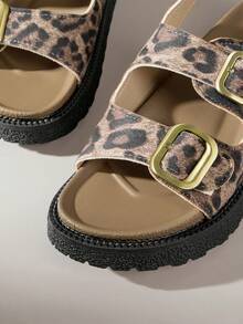Solecia Women Leopard Print Buckle Flat Sandals, Summer