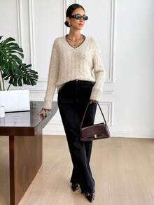 SHEIN Frenchy Women's Casual  Contrast Color V-Neck Drop Shoulder Long Sleeve Sweater, Autumn/Winter ,Autumn/Winter For Women,Going Out ,Chic Sweater, Fall For Women,New Year ,Party,Graduation ,Casual, Prom ,Going Out Tops Winter Casual, All Season ,New Year Clothes,Sweaters For Women - Multicolor - View 6