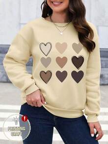 EMERY ROSE Valentine's Day Heart Print Plus Size Sweatshirt, Romantic Gift For Women - Apricot - View 1