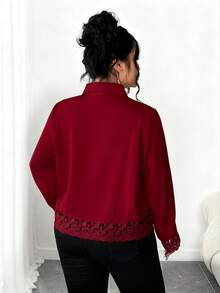Elenzga 大码女式撞色蕾丝长袖褶皱设计优雅衬衫 - 酒紅色 - 查看 2