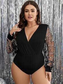 Cravure Mono de manga larga con cuello en V y lentejuelas para mujer de talla grande, adecuado para banquetes y fiestas, de alta gama, transparente y de corte ceñido de lujo - Negro - Ver 1