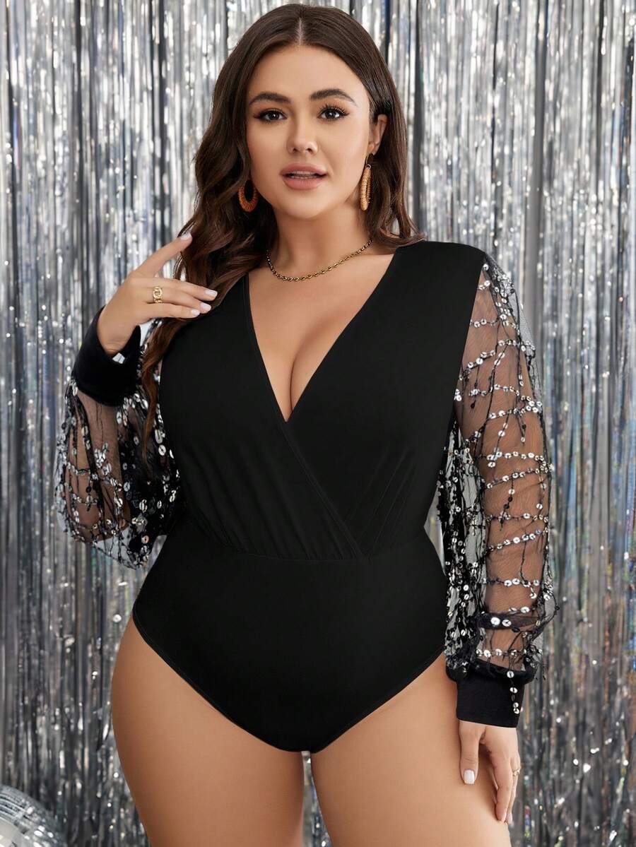 Cravure Mono de manga larga con cuello en V y lentejuelas para mujer de talla grande, adecuado para banquetes y fiestas, de alta gama, transparente y de corte ceñido de lujo - Negro - Ver 1