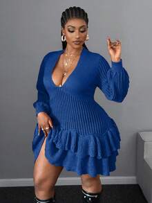 Maweii Plus Size Women Casual Solid Color Ruffle Hem Deep V-Neck Sweater Dress - Blue - View 6
