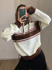 DAZY Suéter holgado y casual de mujer con media cremallera, bloques de color y rayas, para otoño/invierno - Marrón - Ver 3