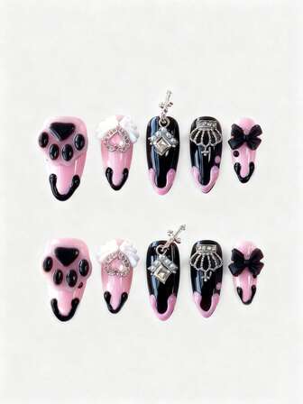 Anime 10pcs Cute Bowknot Music Note Star Element High Quality Handmade False Nails + 3pcs Double-Sided Adhesive, Y2K French Style Rhinestone Chain Polka Dot Removable Nail Art Stickers, Suitable For Holidays, Parties, Dancing And Daily Wear