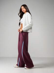MISSGUIDED Quần thể thao ống rộng kẻ sọc tương phản dành cho nữ, quần thể thao dây rút thoải mái, dáng rộng, phong cách Palazzo - màu nâu - Xem 5