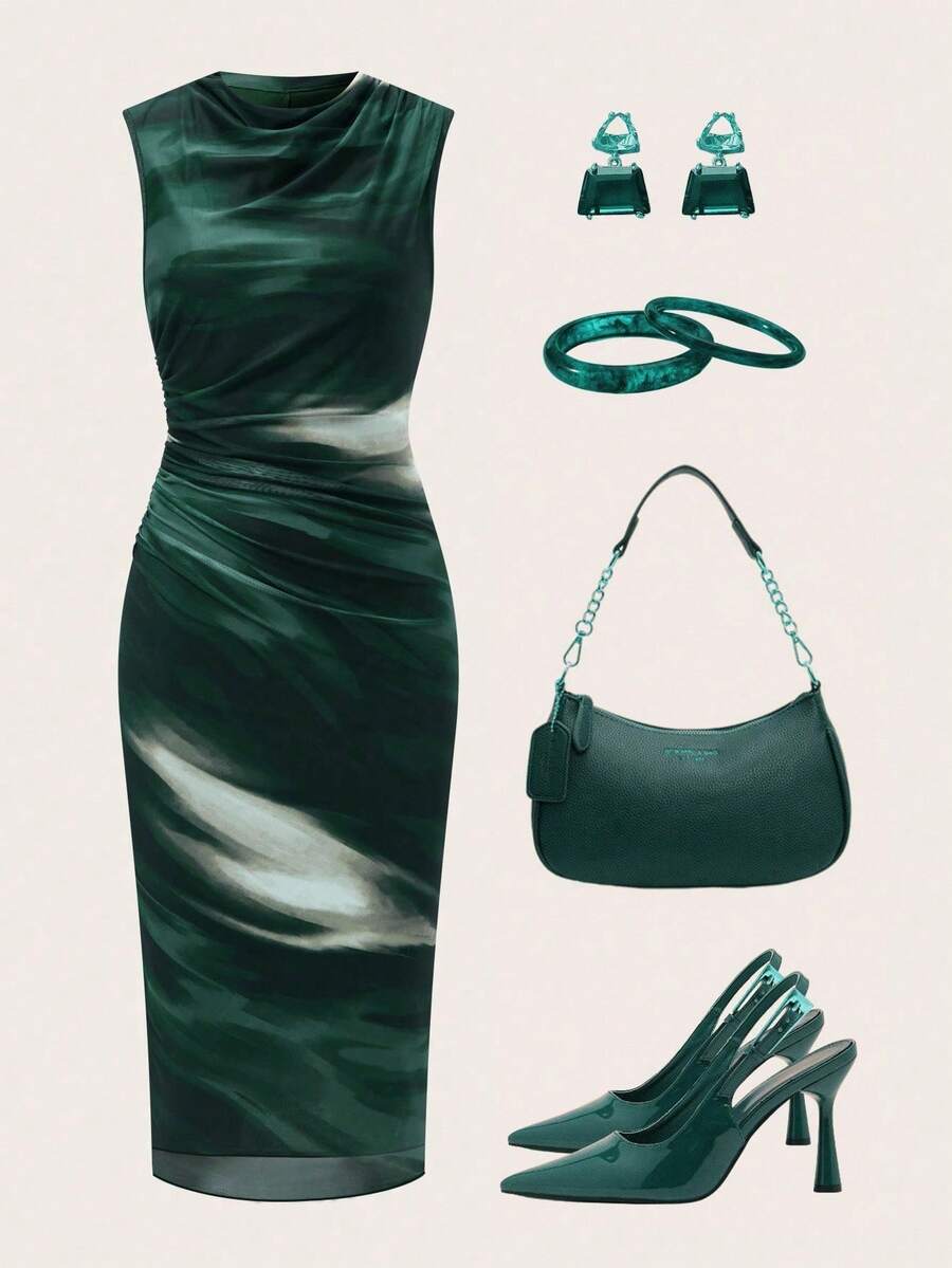 Ellevyn Women's Sleeveless Pleated Printed Mesh Knit Dress, Summer - Green - View 1