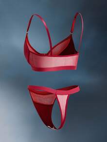 EmpressEnvy Conjunto de lencería para mujer con encaje empalmado, sujetador y ropa interior - Burdeos - Ver 6