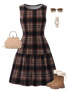 SHEIN Girls' Retro Collegiate Plaid Sleeveless Mini Dress - Multicolor - View 8