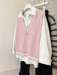 Franclia French Retro Loose V-Neck Sleeveless Contrast Trim Gray Knit Vest, Suitable For Women In Autumn/Winter - Pink - View 3