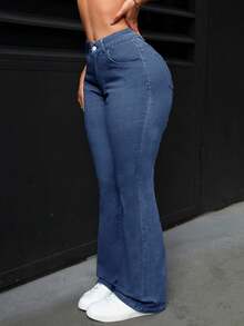 SHEIN PETITE Quần jeans ống loe ôm vừa vặn, giặt thường ngày dành cho nữ - Màu xanh lam - Xem 2