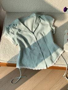 Comfortcana 女士休闲格纹纹理翻领单排扣衬衫，夏季 - 綠色 - 查看 4