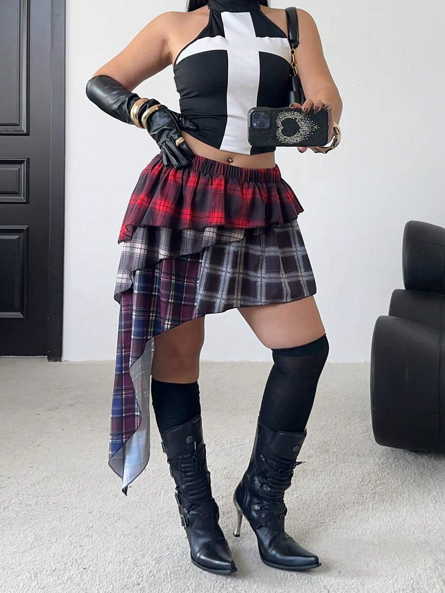 POPSWAY New Plaid Patchwork Asymmetrical Design Sexy Mini Skirt, Slimming, Spring/Autumn - Multicolor - View 1