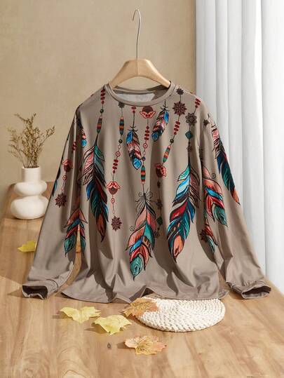 EMERY ROSE 女士休闲复古羽毛印花宽松圆领长袖 T 恤，适合秋冬季