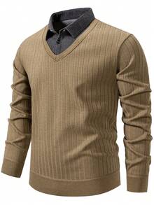 Calvornis Manfinity Mode Men's Smart Casual Khaki Sweater,Autumn Office Fake Two-Piece Collared Pullover,Thermal Lined Thick Knit Striped Patchwork Jumper - Khaki - View 3