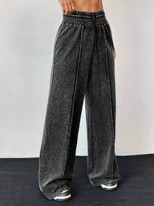 SHEIN 少女休闲做旧水洗黑灰色高腰阔腿运动裤