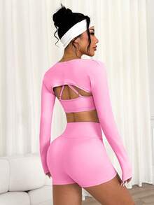 Easithlete Women's Fashion Casual Ultra-Short Sleeve Shrug, Spaghetti Strap Criss-Cross Back Design Bodysuit & Tight Shorts 3-Piece Activewear Set Workout Sets Women Pink Activewear Set Baby Pink Workout Set Long Sleeve Workout Set Pink 3 Piece Set