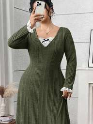 Modelyn فستان أنيق بأكمام طويلة مزين بالدانتيل والفيونكة للمرأة ذات الحجم الكبير