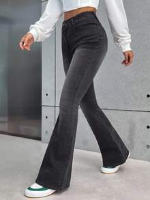 SHEIN Tall Women's Jeans Black Skinny Flared Pants Cross Waist Flared Pants Flare Leggings Fall Women Clothes Fall - Light Grey - View 4