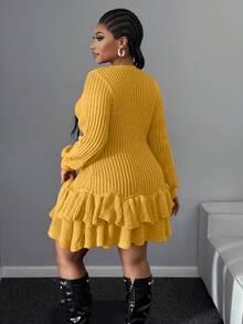 Maweii Vestido de punto casual con cuello en V, mangas raglán y volantes en el bajo, talla grande y unicolor - Amarillo - Ver 2