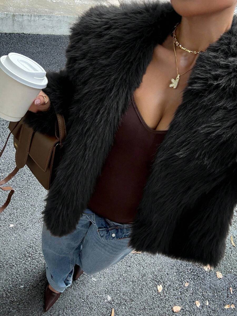 DAZY Women's Thickened Short Faux Fur Jacket, Brown, Autumn/Winter Women Coats - Black - View 1