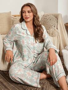 Serenescape Plus Size Women Vintage Allover Print Long Sleeve Top And Pants Pajama Set Sleep Wear Women 2 Pieces Set Pajamas Set, Winter Clothes - Mint Green - View 1