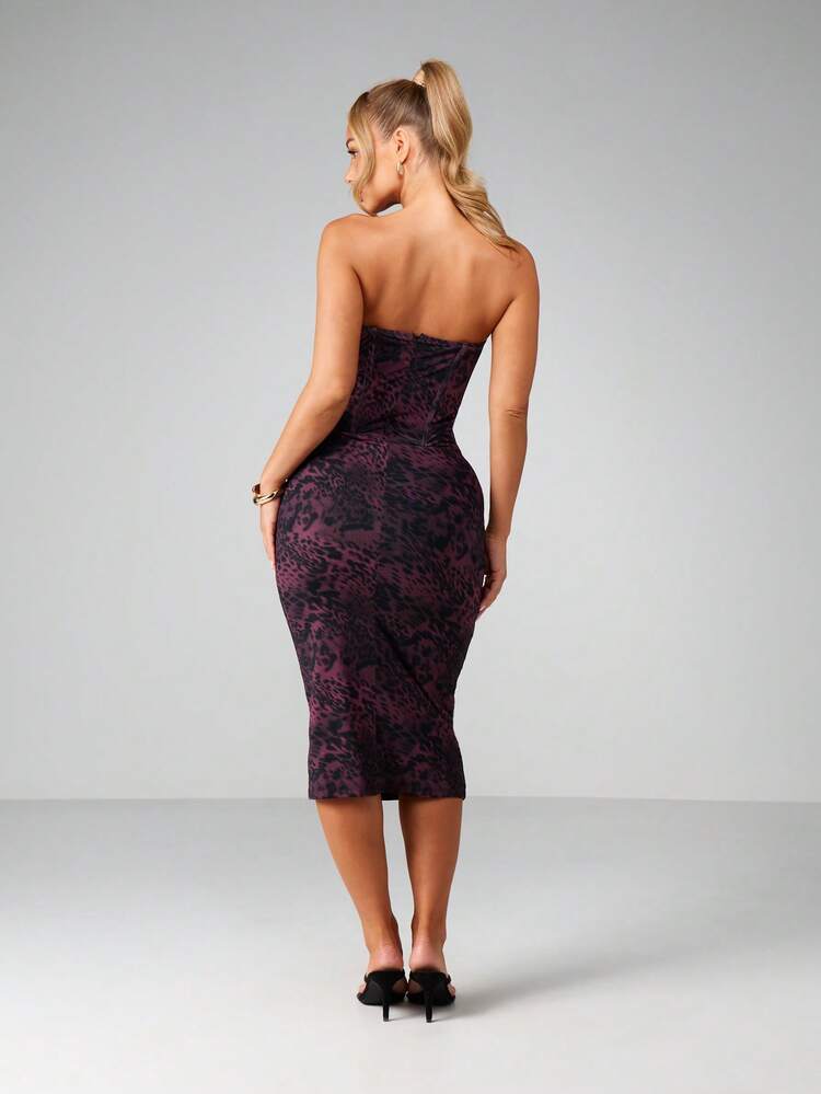 MISSGUIDED Animal Print Mesh Strapless Corset Style Bodycon Midi Dress With Ruched Details