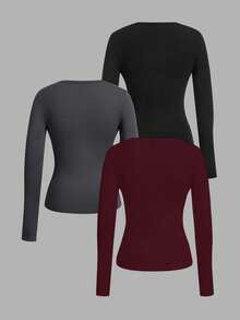 SHEIN EZwear 3件套女士深V领修身休闲长袖T恤套装，适合秋冬季穿着 - 彩色 - 查看 2