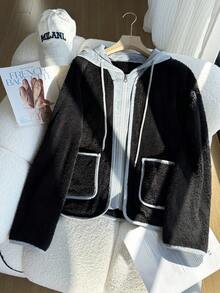 SHEIN Chaqueta regular de manga larga con capucha y 2 en 1 de color contrastante y rayas para mujer - Negro - Ver 3