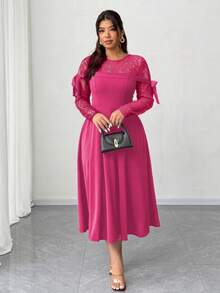 Elenzga Elegantes Spitzen-Patchwork-Kleid in Große Größen für Damen - Heißes Pink - Übersicht 4