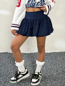 Coolane Kids 少女秋冬季基本款针织弹力舒适黑色泡泡裙 - 藍色 - 查看 8