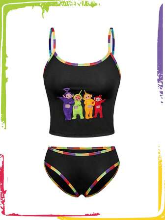 Teletubbies X ROMWE Set di lingerie da donna con canottiera e mutandine a motivi carini e contrasto