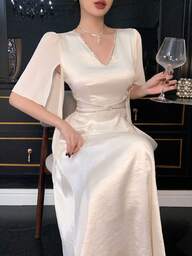 DAZY Vestido elegante con cuello en V, mangas divididas y decoración de rhinestones para mujer