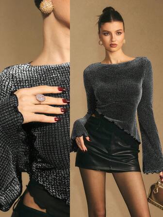 Poéselle Damtröja med båtringning och utsvängd ärm, asymmetrisk fåll