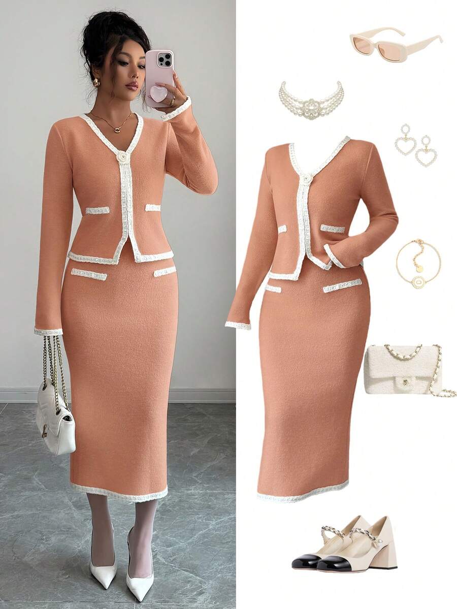 Elenzga Áo len và chân váy công sở đơn giản, thoải mái, cổ chữ V, tay dài, chất liệu kaki dệt kim cao cấp, họa tiết hoa hồng 3D, cạp chun thanh lịch, dễ phối đồ, trang phục công sở thường ngày sang trọng - trái cam - Xem 1