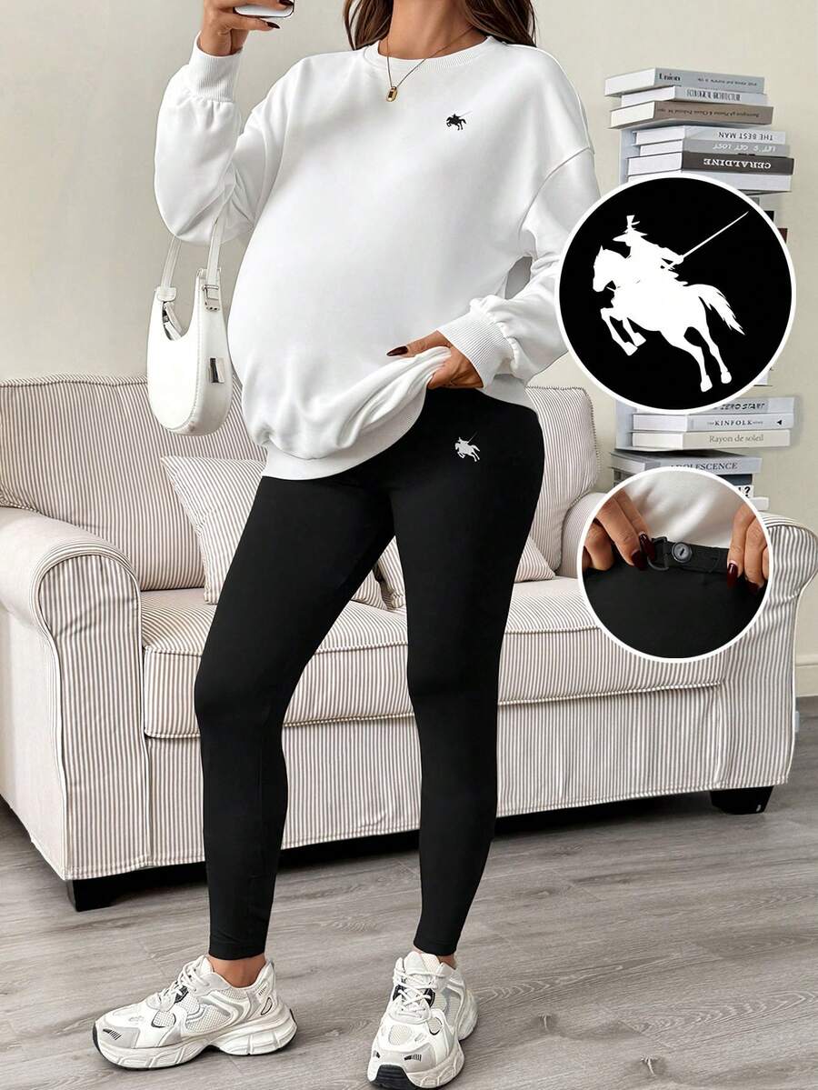 SHEIN 2pcs Maternity Casual Embroidered Dropped Shoulder Sweatshirt And Leggings Set, Autumn - Black and White - View 1