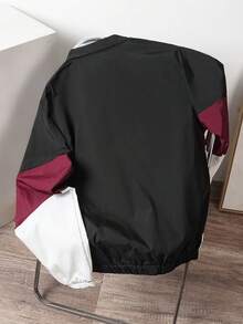 Manfinity Joysei Men's Color Block Zipper Outdoor Windbreaker Bomber Jacket, Fall, Grunge - Burgundy - View 2
